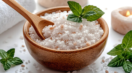 A wooden bowl with salt and a spoon in it