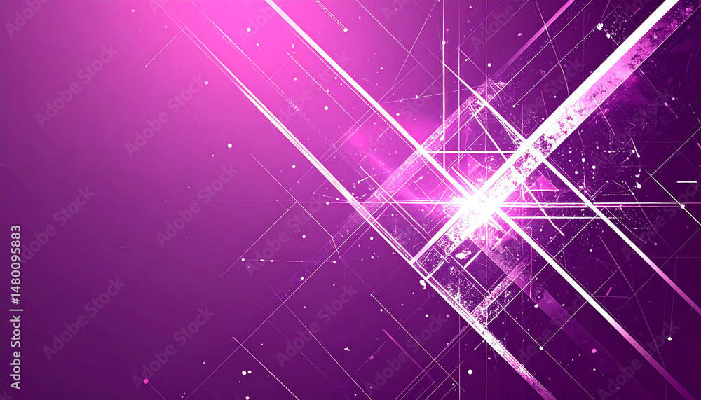 Poster vibrant abstract design featuring intersecting lines and light effects on a purple background, creat