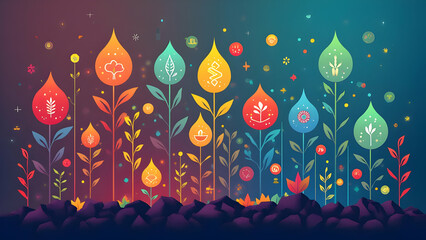Stylized Plant Forms with Leaves Composed of Hexagonal Cells Containing Symbols Representing Different Vitamins Growing from Spiral DNA Structure