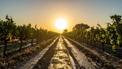 Obraz premium Serene Vineyard Rows Under Golden Sunset Sky with Gentle Light