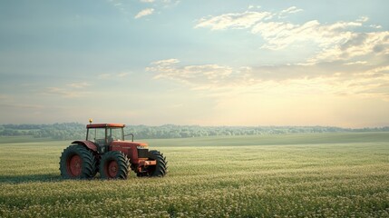 Fototapeta premium Red Tractor in Lush Green Field Surrounded by Beautiful Landscape Under Cloudy Sky at Golden Hour