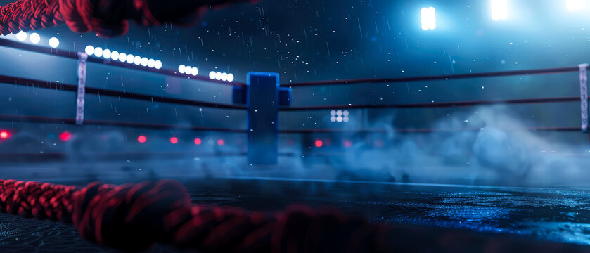 Futuristic boxing ring background with dense fog, vibrant lights, and ropes in a dark arena. Banner for intense fight promos, sports events, or suspenseful cinematic visuals.