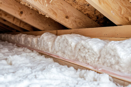 Attic insulation installation showing fiberglass batts and loose fill insulation