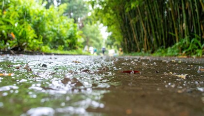 Fototapeta premium Rainy Pathway Surrounded by Lush Greenery and Bamboo Forest