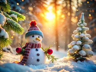 Obraz premium Festive Snowman in Winter Forest: Christmas & New Year Holiday Stock Photo