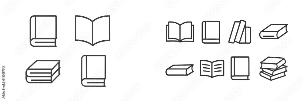 Poster various book icons displaying different styles and orientations on a simple white background