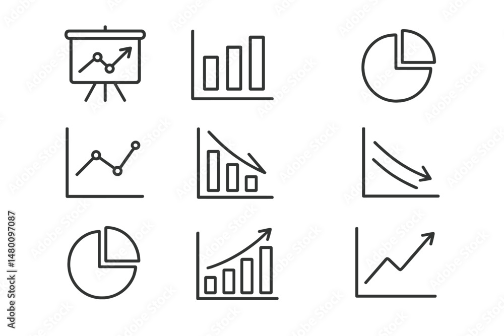 Poster visual representations of data analysis tools and charts showing trends and statistical information 