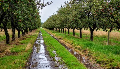 Serene Apple Orchard Path with Lush Green and Wet Ground