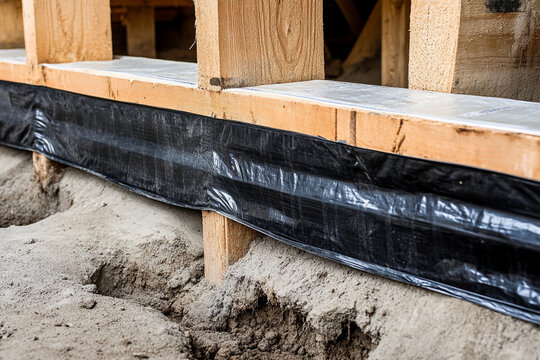 Wooden frame structure with black plastic sheeting and ground base