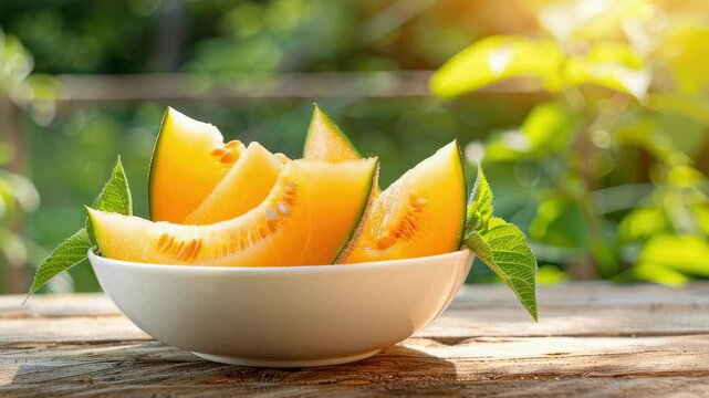 melon in a white bowl on a wooden table nature background. Selective focus