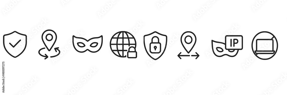 Poster icons representing internet security and privacy topics in a minimalist style with various symbols