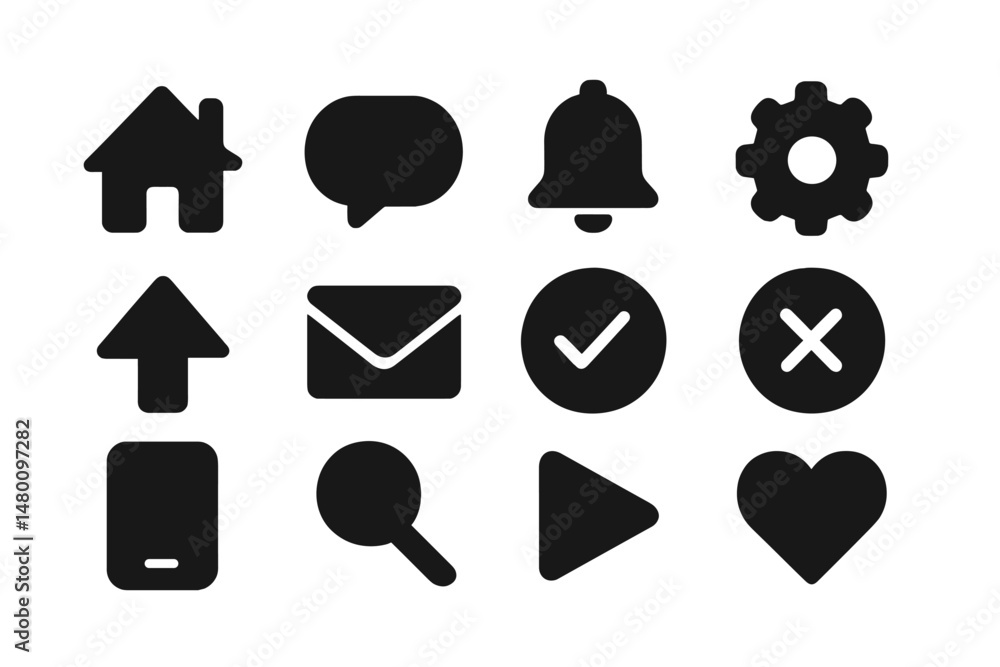 Poster collection of simple black icons representing common user interface actions and notifications on a d