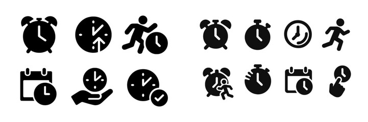 Various symbols representing time management, scheduling, and urgency in daily life and activities