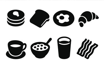 Delicious breakfast items including pastries, fruits, and beverages on a clean white background