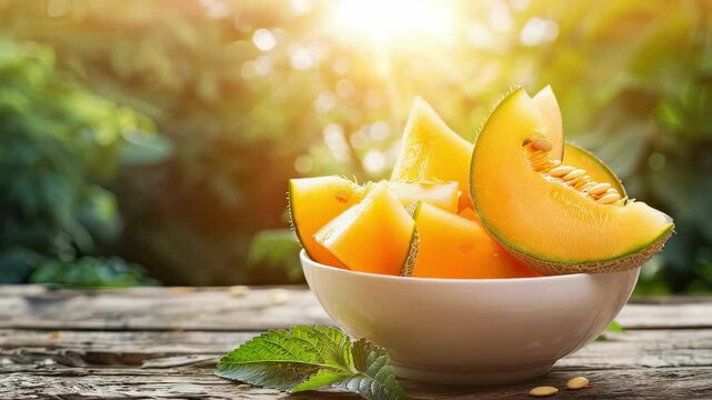 melon in a white bowl on a wooden table nature background. Selective focus