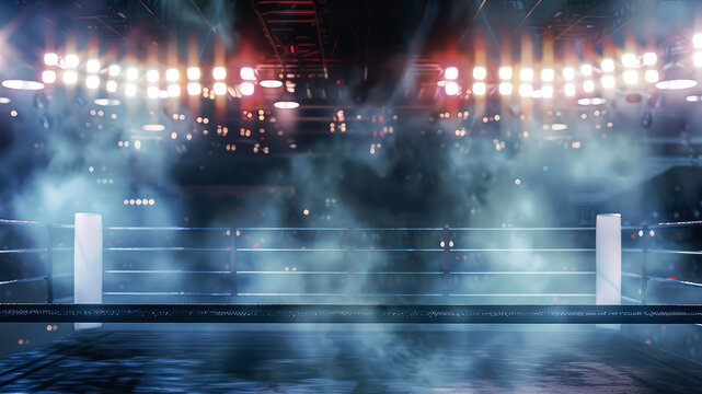 Futuristic boxing ring background with dense fog, vibrant lights, and ropes in a dark arena. Banner for intense fight promos, sports events, or suspenseful cinematic visuals.