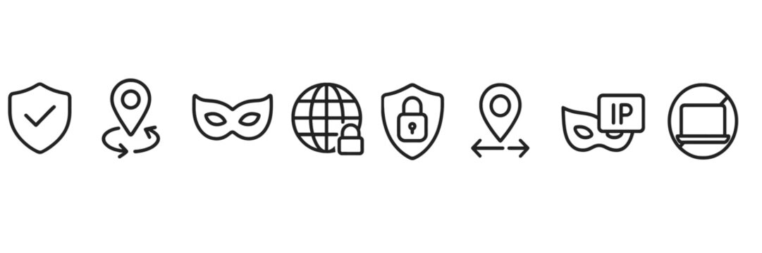Icons representing internet security and privacy topics in a minimalist style with various symbols