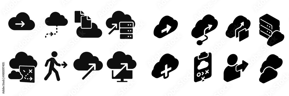 Poster cloud computing icons illustrating data transfer, storage, and user interactions in a digital enviro