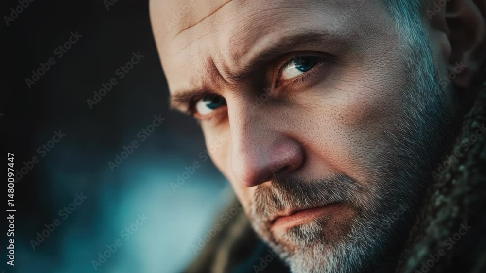 Poster a portrait of a man with a beard, shot in close-up