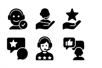 Black icons representing customer service roles and positive feedback interactions in a digital environment