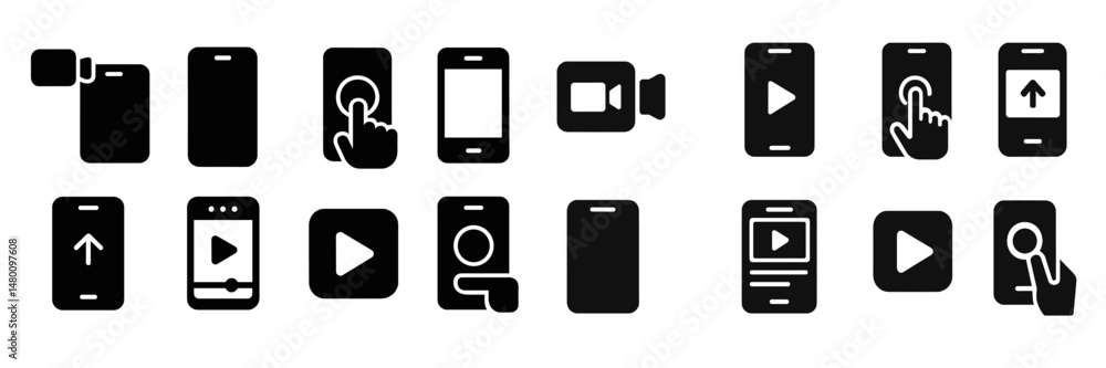Poster various icons depicting mobile phone functions and interactions in a digital environment