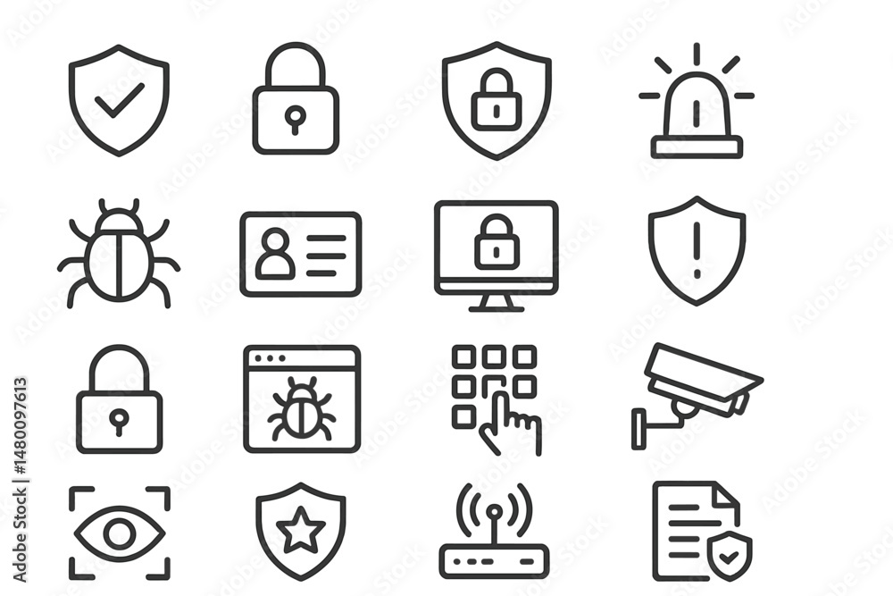 Aufkleber various icons representing cybersecurity concepts including locks, shields, and alerts in a grid lay