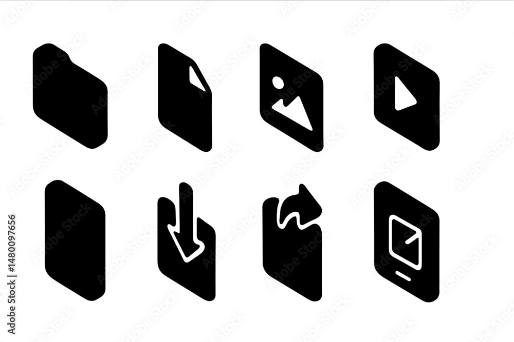 Poster set of black and white graphic icons representing various media types and actions in digital applica