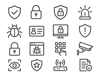 Various icons representing cybersecurity concepts including locks, shields, and alerts in a grid layout