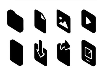 Set of black and white graphic icons representing various media types and actions in digital applications