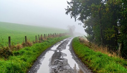 Obraz premium Serene Road in Foggy Landscape with Green Grass and Wet Ground