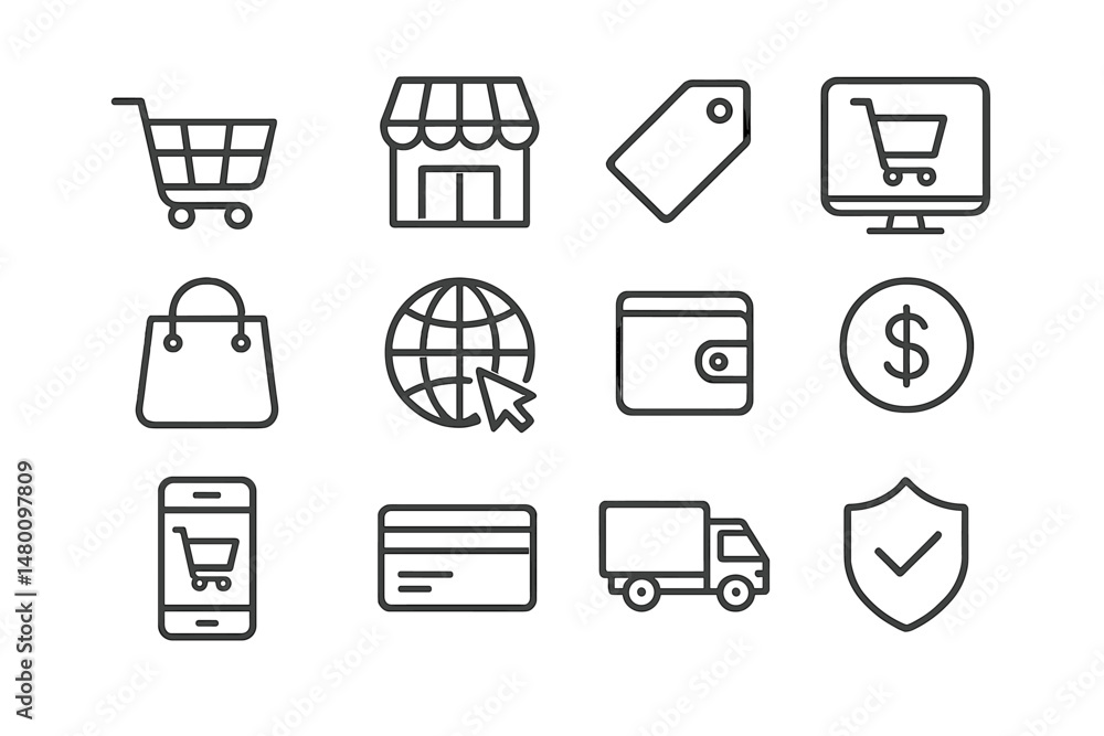 Poster symbols of online shopping and e-commerce present in various forms of digital transactions