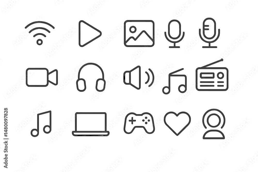 Poster collection of simple line icons representing media elements like audio, video, and technology in a m