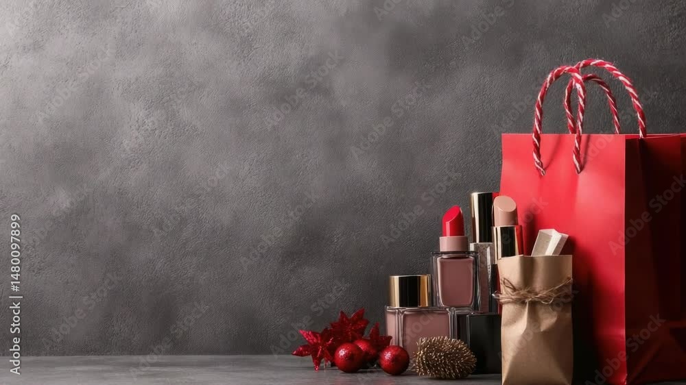 Aufkleber red shopping bag filled with candies and a lipstick on a festive table setting