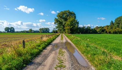 Fototapeta premium Scenic Pathway Through Lush Fields Under Bright Blue Sky