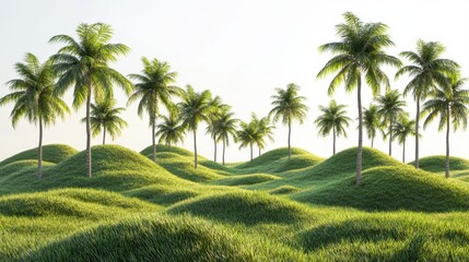 Obraz premium Vibrant Green Hills with Tropical Palm Trees under Clear Blue Sky for Nature and Landscape Photography