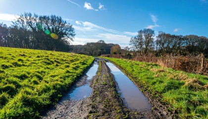 Fototapeta premium Serene Country Road with Muddy Puddles and Vibrant Greenery