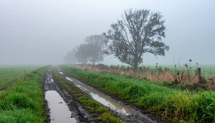 Fototapeta premium Misty Country Road with Trees on a Foggy Morning Landscape