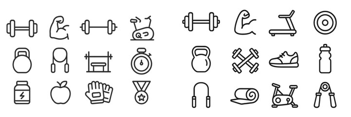 Collection of gym and fitness icons representing various workout equipment and activities for health enthusiasts