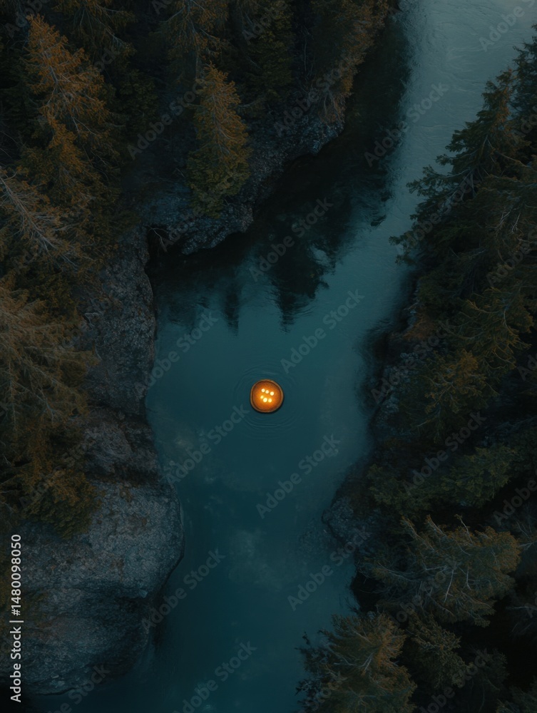 Poster aerial view of a river with a floating lantern surrounded by forest trees in a dark moody atmosphere