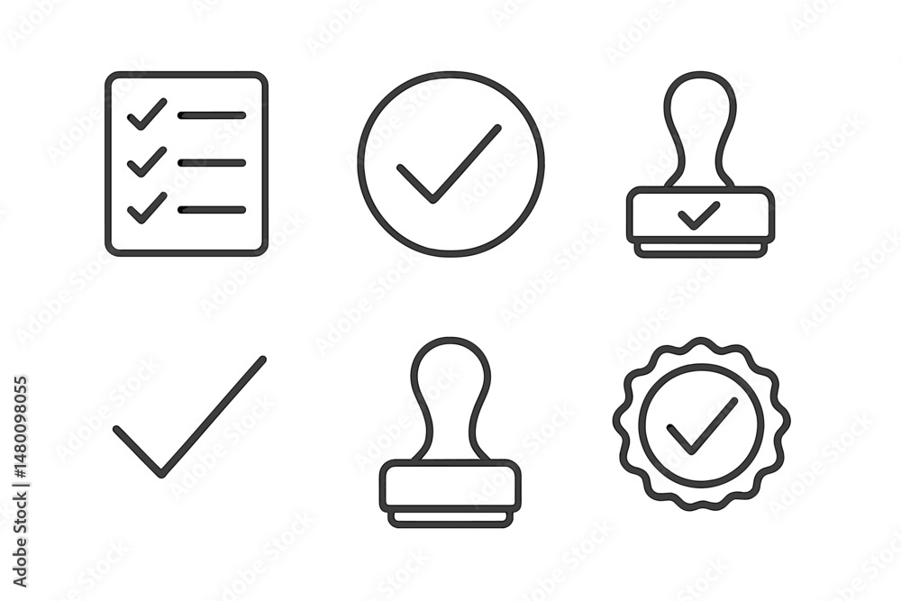 Aufkleber check marks and stamps indicating approval and completion in a minimalist design