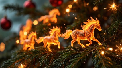 A Christmas tree with a horse ornament on it