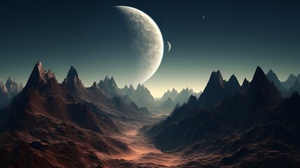 Alien Planet Mountainscape with Crescent Moon.