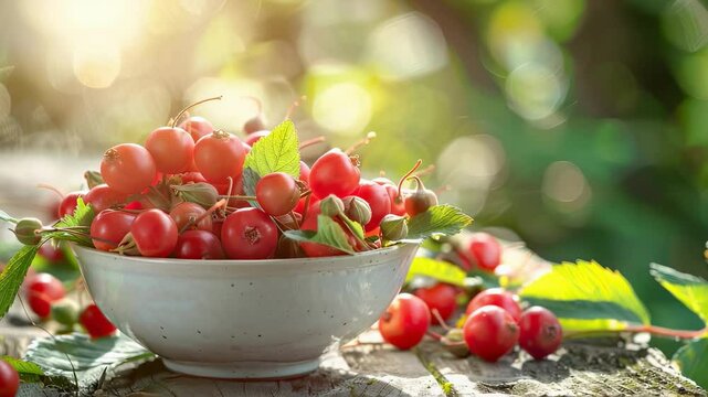 rose hips in a white bowl on a wooden table nature background. Selective focus