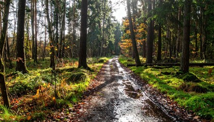 Fototapeta premium Serene Forest Pathway Through Trees with Autumn Leaves and Sunlight
