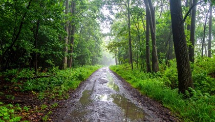 Tranquil Forest Pathway with Muddy Surface and Lush Greenery