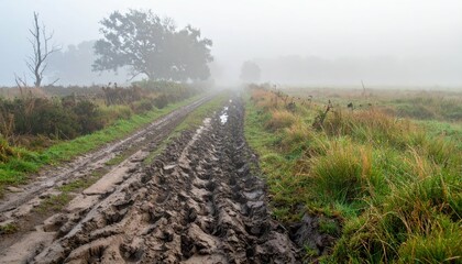 Obraz premium Misty Country Road with Muddy Tracks Surrounded by Tall Grass