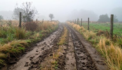 Fototapeta premium Foggy Muddy Path Through Rural Landscape in Early Morning Light