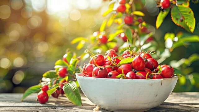 rose hips in a white bowl on a wooden table nature background. Selective focus