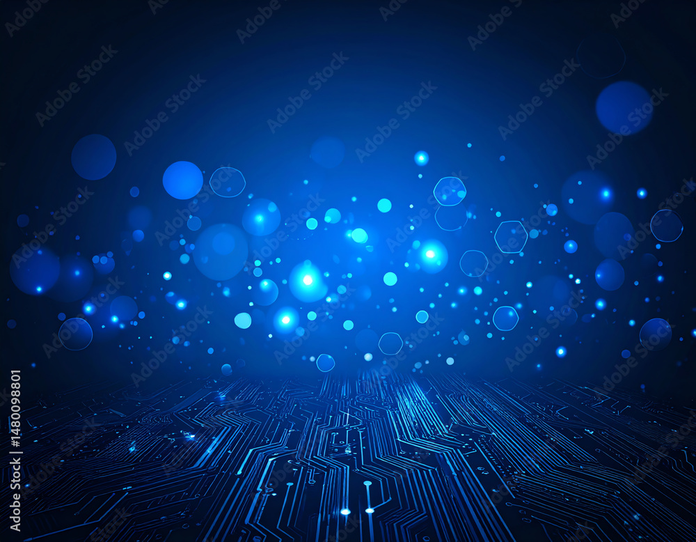 Poster a vibrant blue digital background featuring glowing particles and circuit patterns, creating a moder