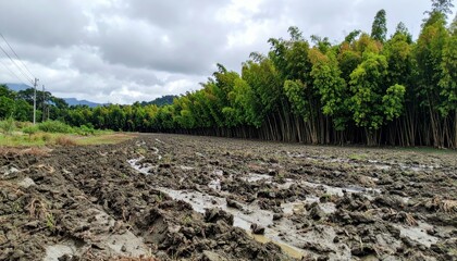 Lush Green Bamboo Grove Next to Muddy Agricultural Field Landscape